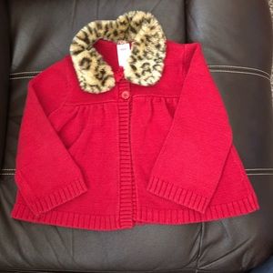 Red Knit Coat with Detachable Cheetah Print Collar